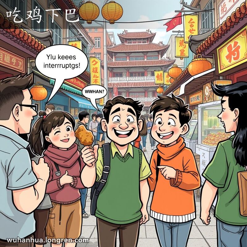 武汉街头市场，一人手拿鸡腿不停插嘴，其他人表现不满，背景是色彩斑斓的市场摊位和行人