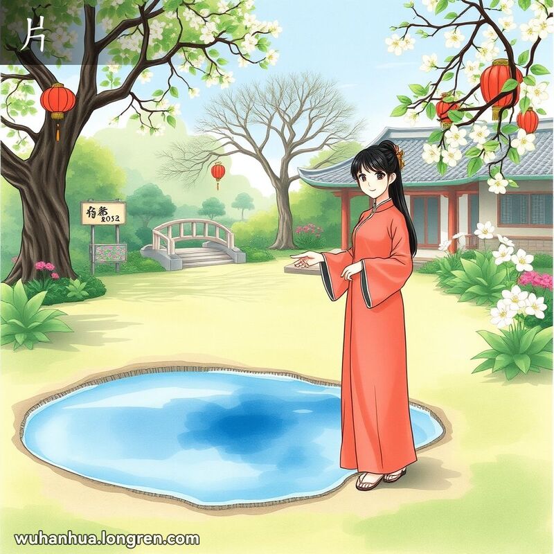 一位身穿传统中国服饰的年轻女子站在花园中，指着地面上的一大片水洼，背景是传统的中国园林