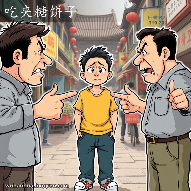 一个人站在两个争吵的人中间，显得非常无奈和烦恼，背景是武汉街景