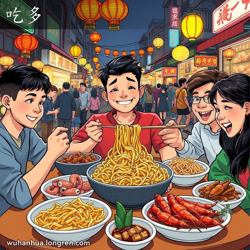 一群朋友在武汉夜市享用小吃，其中一人手持大碗热干面，满脸满足的笑容，表现“吃多”的情景。