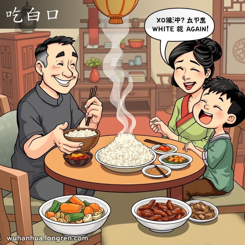 一个武汉家庭围坐在餐桌旁，父亲只吃米饭不吃菜，母亲略带不满地看着他，孩子在一旁开心地笑着。