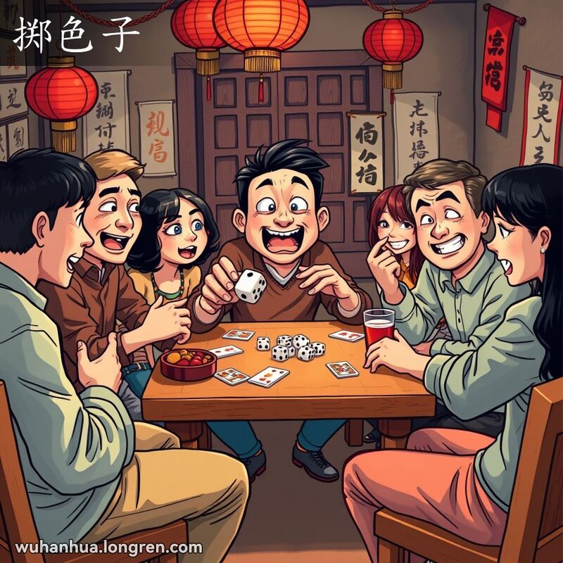 一群朋友围坐在桌旁，一位玩家准备掷骰子，其他人专注观看，背景有红灯笼和书法挂轴。