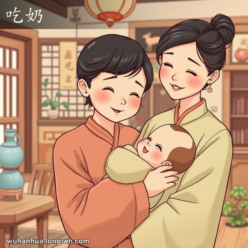 一位母亲在武汉传统家庭环境中抱着婴儿，婴儿正满足地吮吸母亲的乳汁，母亲温柔微笑。