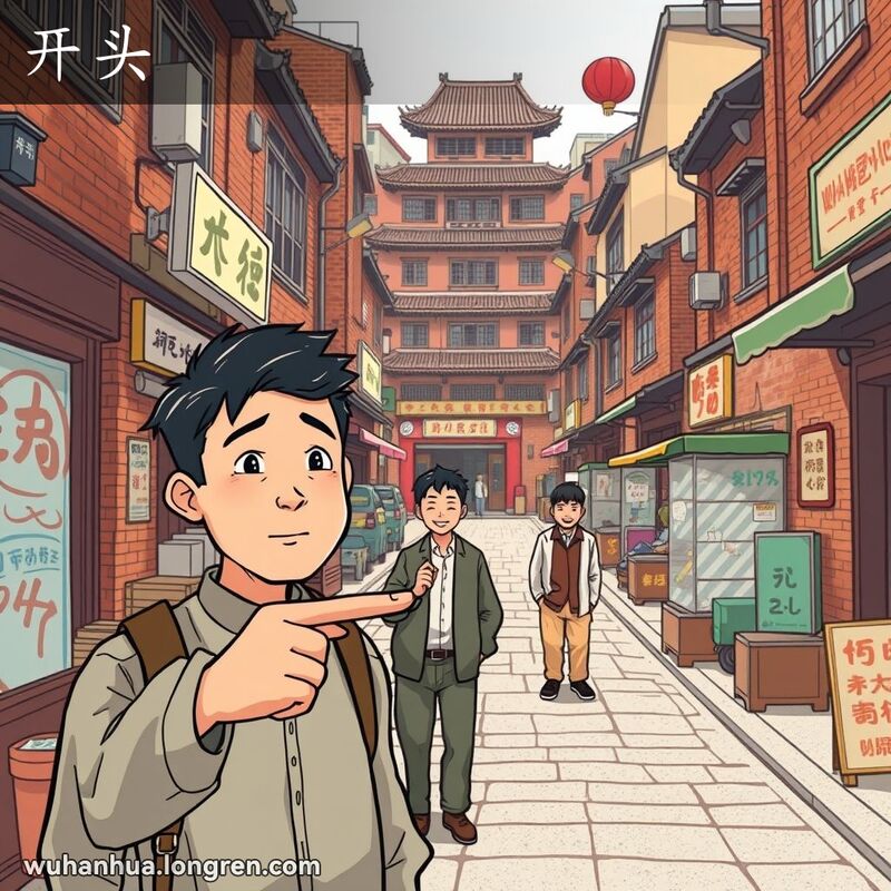 武汉老街上，一位男子站在前景指向远处的另一位男子，背景有红砖墙和老式招牌。