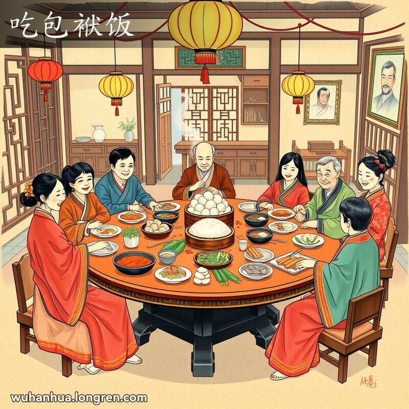 一个传统的中国家庭在鬼节期间围坐在一起吃饭，桌上摆满了各种菜肴，背景是传统的中国家庭环境。