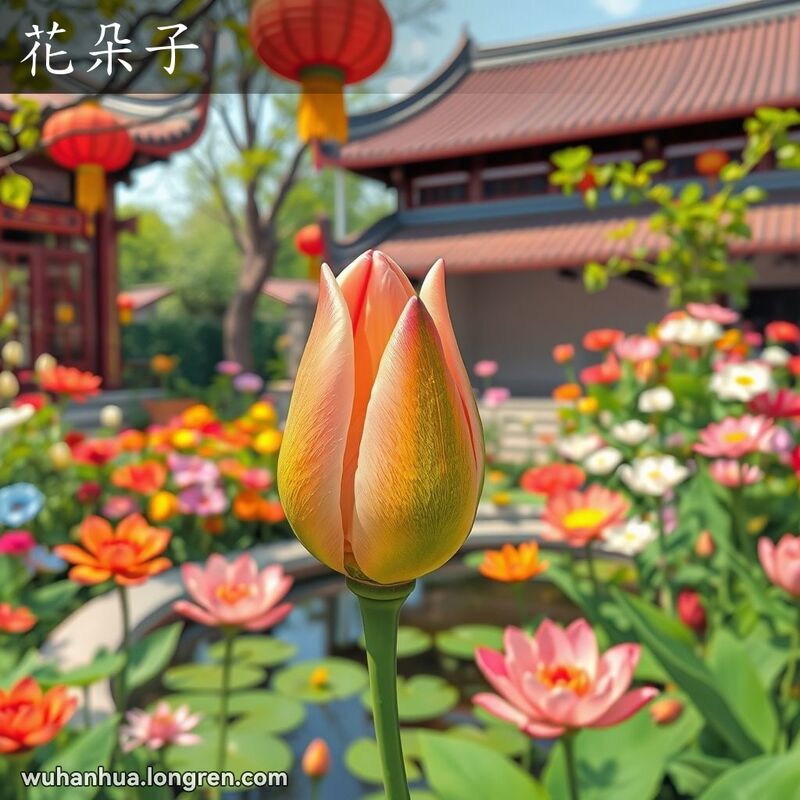 武汉花园中一朵刚刚绽放的花苞，背景是盛开的花朵和传统中国建筑