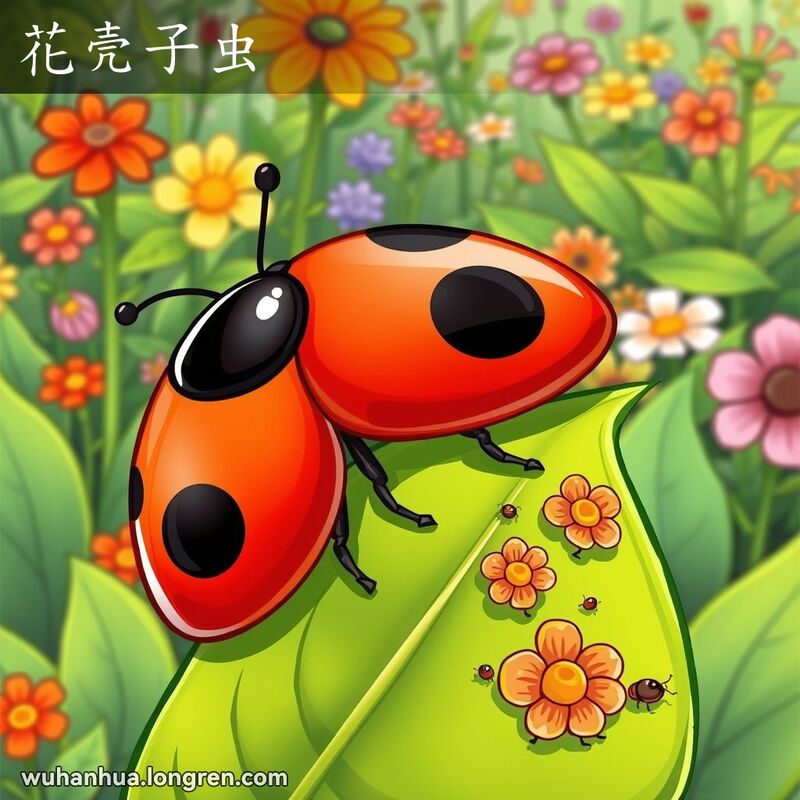 一只瓢虫坐在绿叶上，背景是繁茂的花园，画面生动活泼