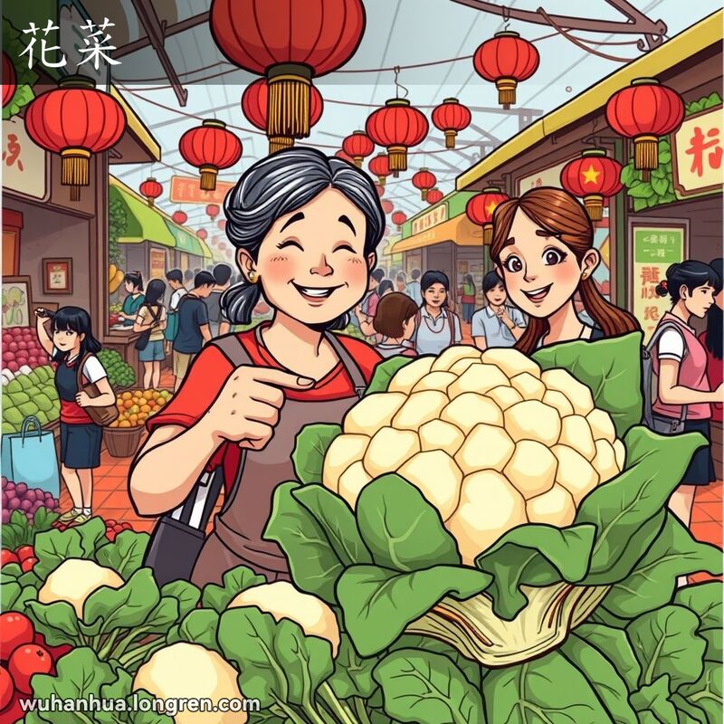 武汉市场摊位上，摊主展示大白菜花给顾客，背景有其他蔬菜水果和红灯笼。