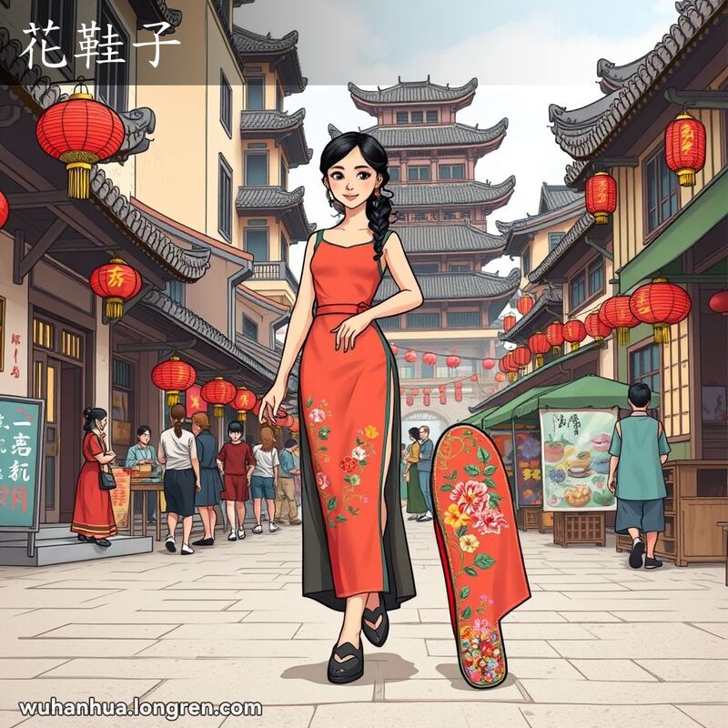 一位穿着传统中式服装的年轻女子在武汉老街上优雅地走着，脚上穿着精美的绣花鞋，背景有灯笼和小贩。