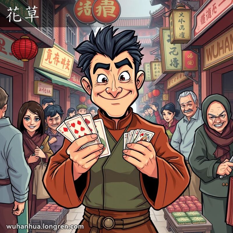 一位穿着传统服装的男子在武汉市场中手持扑克牌，脸带狡黠笑容，周围摊贩表情各异，背景是武汉老街景。