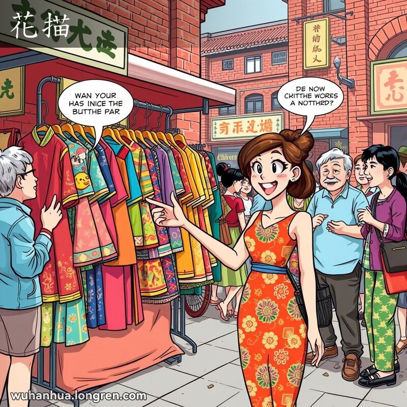 一位时尚女子在武汉街头市场的服装摊前，指着一件华丽的服装，背景中有当地人讨论，画面色彩鲜艳。