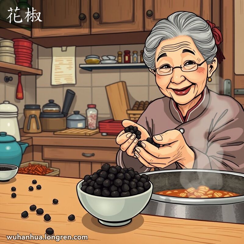 一个武汉厨房，老妇人准备将花椒加入火锅，背景是忙碌的厨房