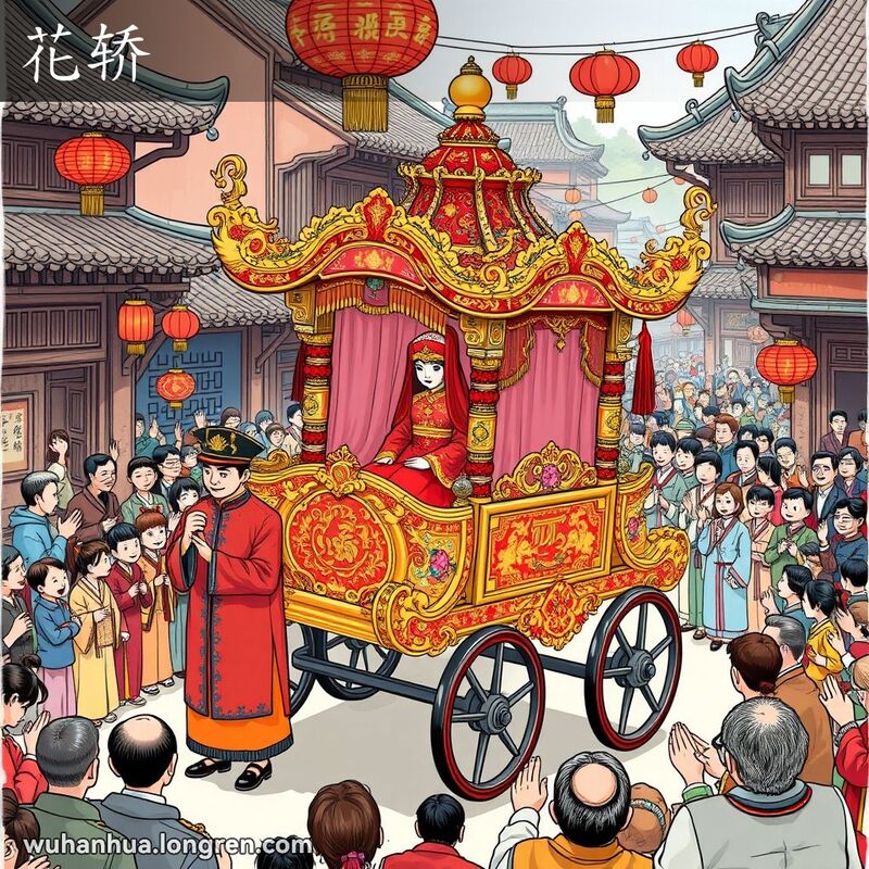 旧时武汉婚礼场景，华丽的花轿由四名男子抬着，新娘坐在轿内，背景是传统建筑和欢庆的人群