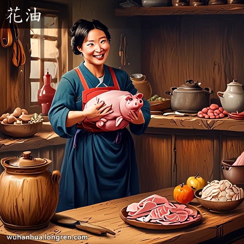 一位中年妇女在厨房中手持花油，背景是传统中国厨房