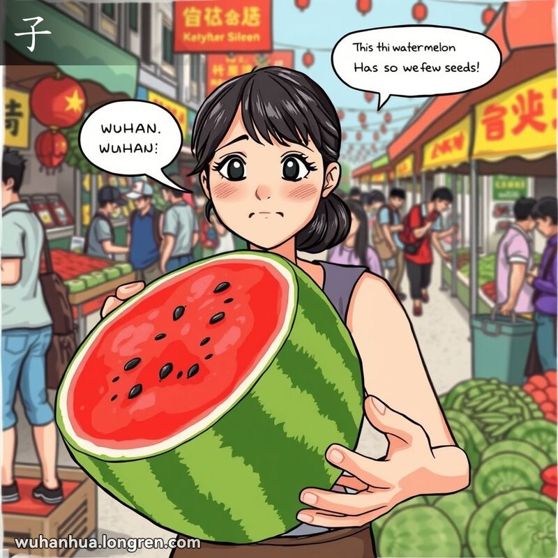 一位武汉女子在市场上手持切开的西瓜，表情失望，背景是热闹的市场摊位