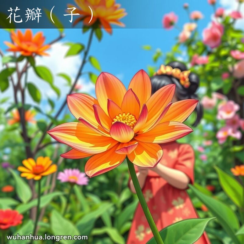 一个花园场景，花园中一朵盛开的花朵特写，花瓣色彩斑斓，形状各异，一位小女孩轻轻捧着花朵，欣赏其美丽。