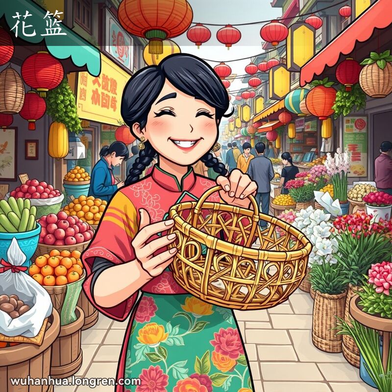 一位穿着传统服饰的武汉妇女在街市上展示一个编得很稀的花篮，背景是繁忙的市场摊位。
