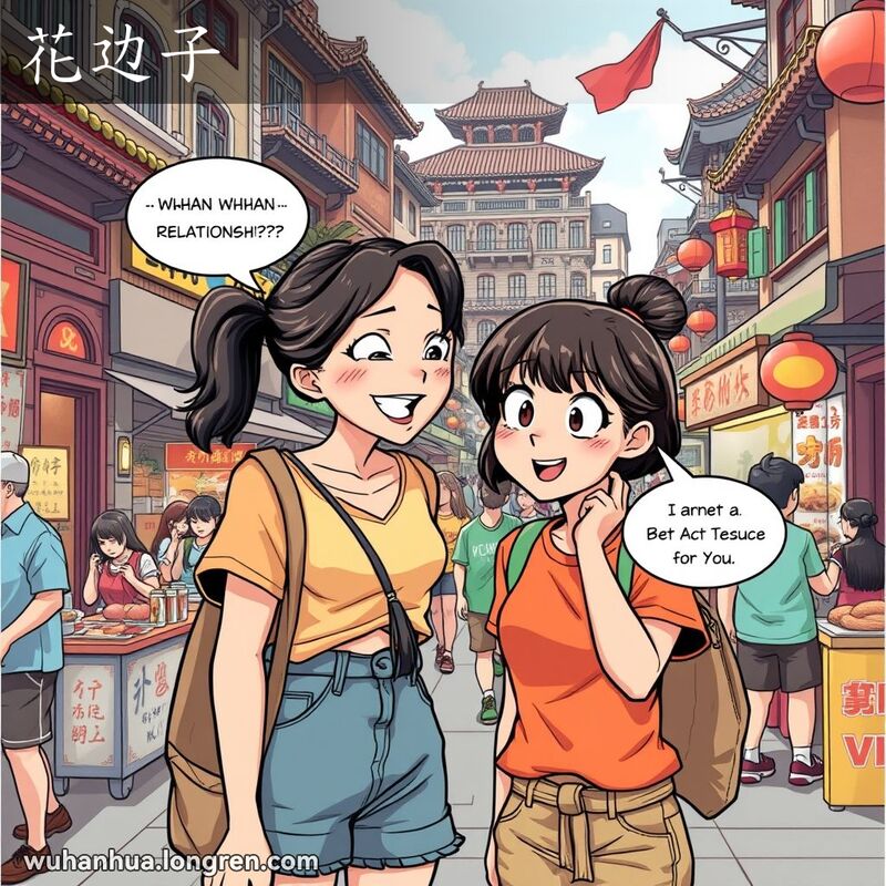两位年轻女子在武汉街头聊八卦，背景是武汉老街景