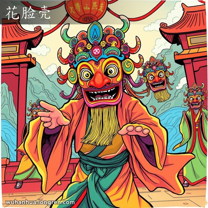 一位传统戏曲演员在舞台上表演，戴着精美的花脸壳面具，背景是戏曲舞台布景