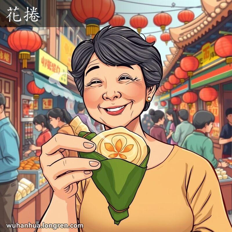 一位中年妇女在武汉街市上手持花卷，背景是传统中国建筑和红灯笼
