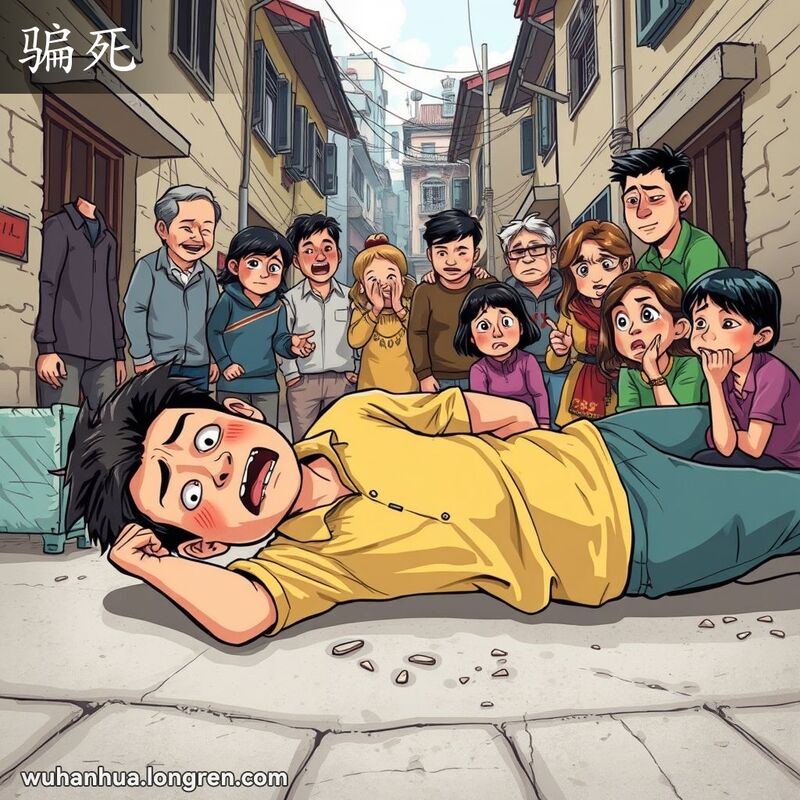 一位年轻男子躺在地上假装昏迷，周围的朋友和家人试图唤醒他，背景是武汉老街景。