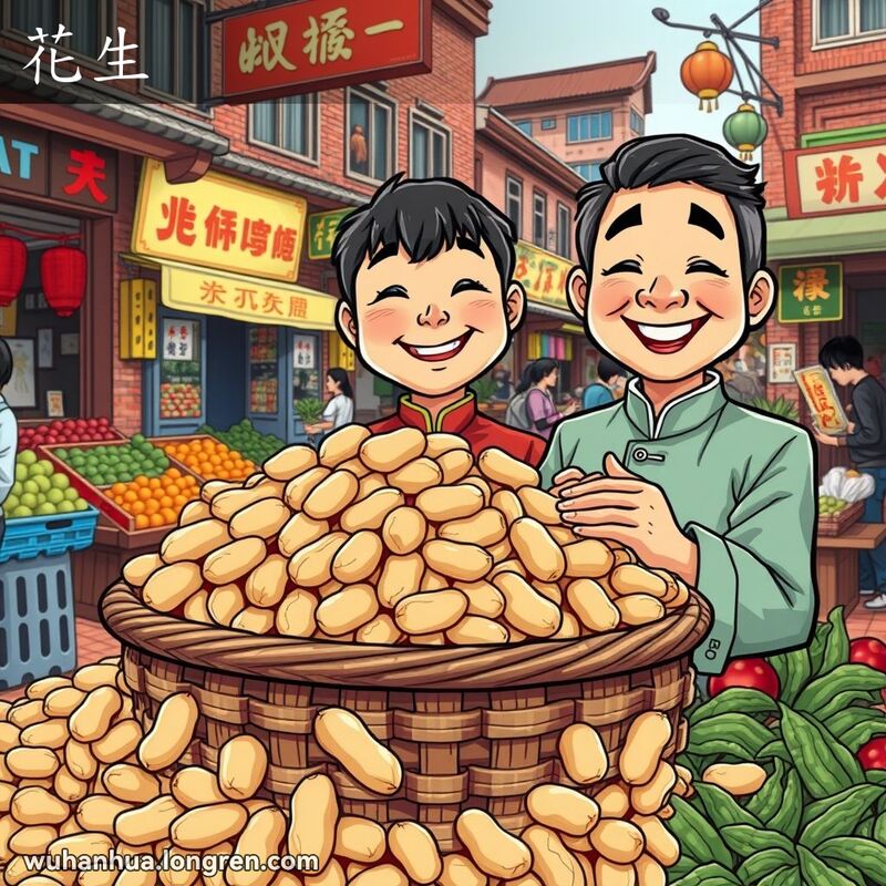 武汉街头市场，摊位上堆满花生，摊贩手捧花生微笑，背景有其他摊位和老建筑