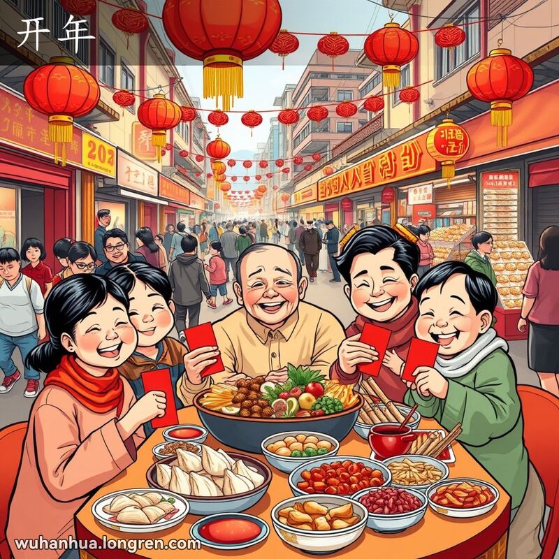 武汉市民在春节期间的热闹街景，一家人围坐在摆满年夜饭的桌子旁，手持红包，背景是繁忙的市场