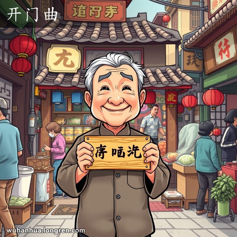 一位和蔼的老人站在武汉街市的小店门口，手持欢迎牌，背景是繁忙的市场和各种商品。