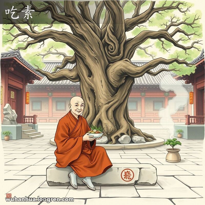 一位和尚在寺庙庭院中手持素食，表情平和，背景是古老的寺庙建筑和香火缭绕的宁静氛围