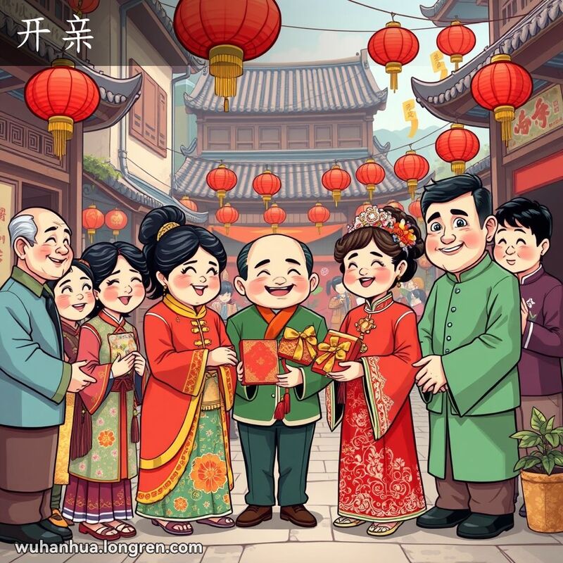 两个家庭在武汉老街区举行传统婚礼，互赠礼物，背景有红灯笼和传统装饰