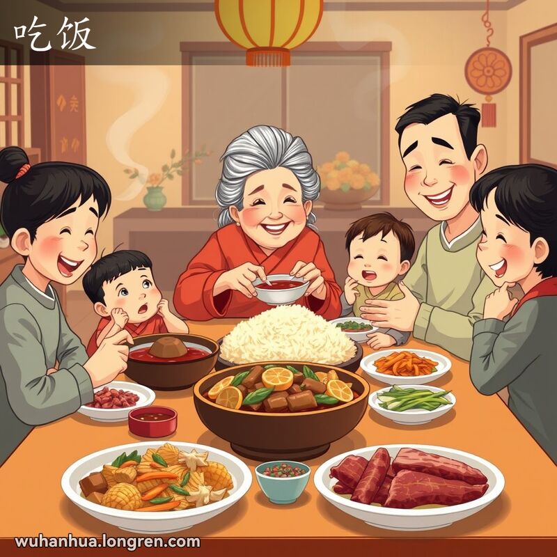 一个温馨的武汉家庭晚餐场景，餐桌上摆满了热气腾腾的饭菜，一家人围坐在桌旁，奶奶正为小孩端汤。