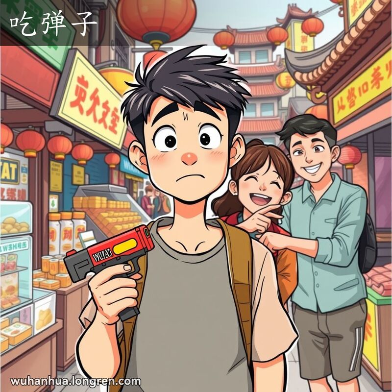 一位年轻的武汉男子在市场中手持玩具枪，露出惊讶和恼怒的表情，背后是调皮的朋友在笑，背景是繁忙的市场摊位和传统武汉建筑
