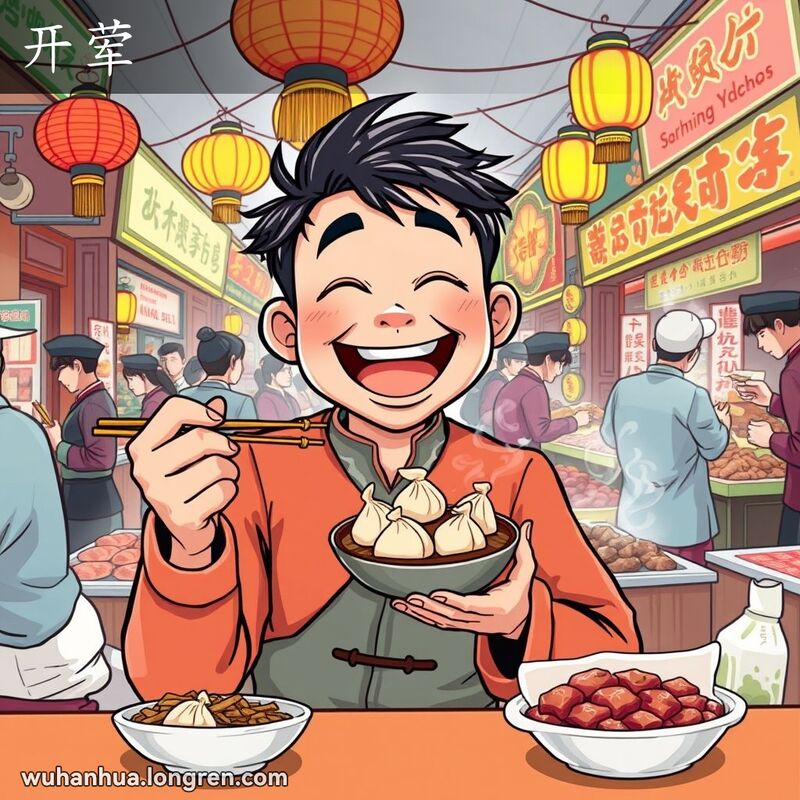 一位武汉市民在街头市场上享受肉包子，背景是热闹的市场摊位和节日装饰