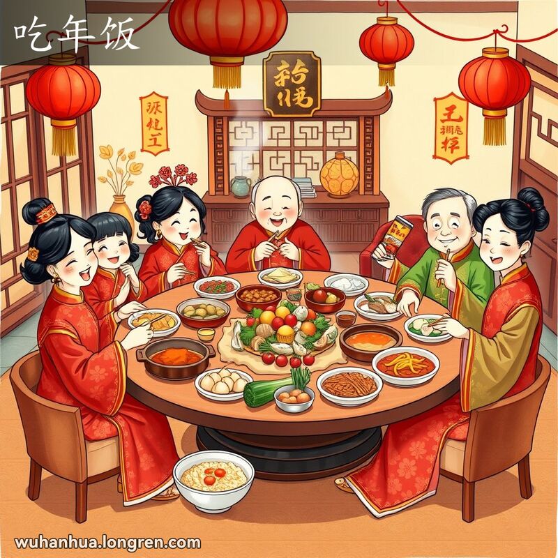 一个传统的中国家庭围坐在摆满丰盛菜肴的圆桌旁，慢慢享受年夜饭，背景是温馨的客厅和传统装饰
