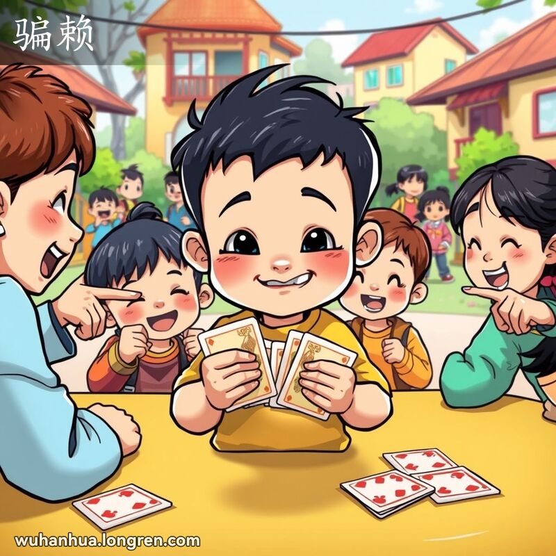 一个调皮的孩子在玩牌时被抓到作弊，背景是充满活力的游乐场