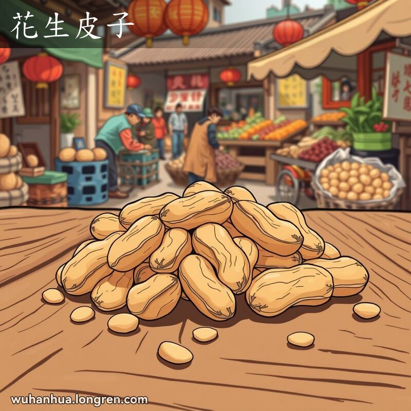 一把带有外皮的花生散落在木桌上，背景是武汉街头市场