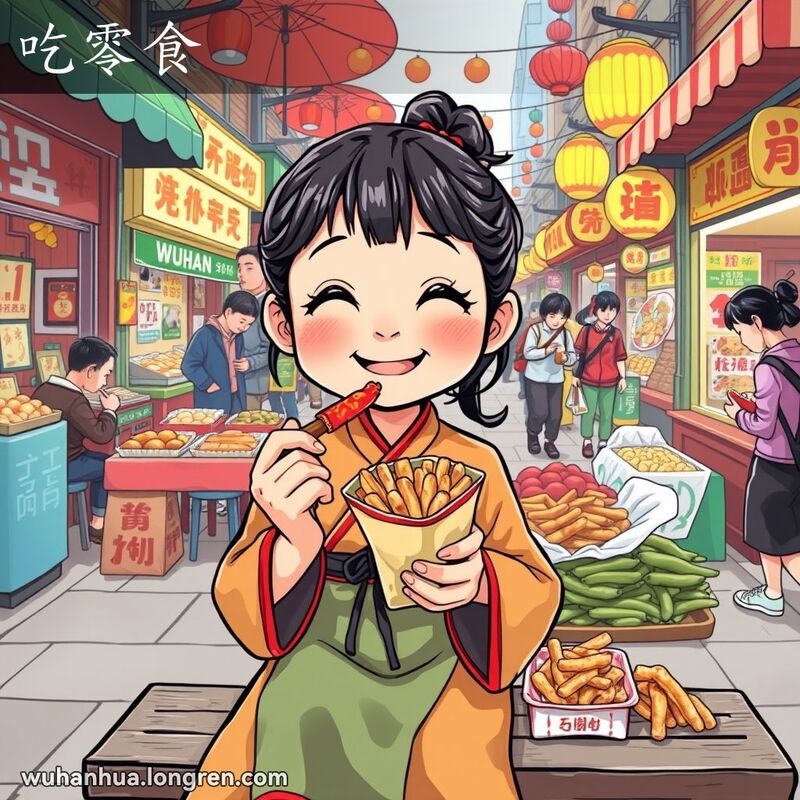 一位穿着传统服饰的小女孩坐在武汉街头市场长椅上，手拿一袋零食，开心地吃着麻辣棒，背景是繁忙的街头摊位。