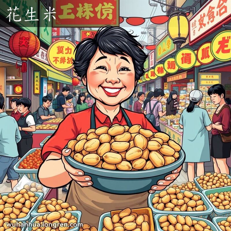 武汉街头市场，女摊贩手持一碗剥好的花生米，背景有其他摊贩和行人
