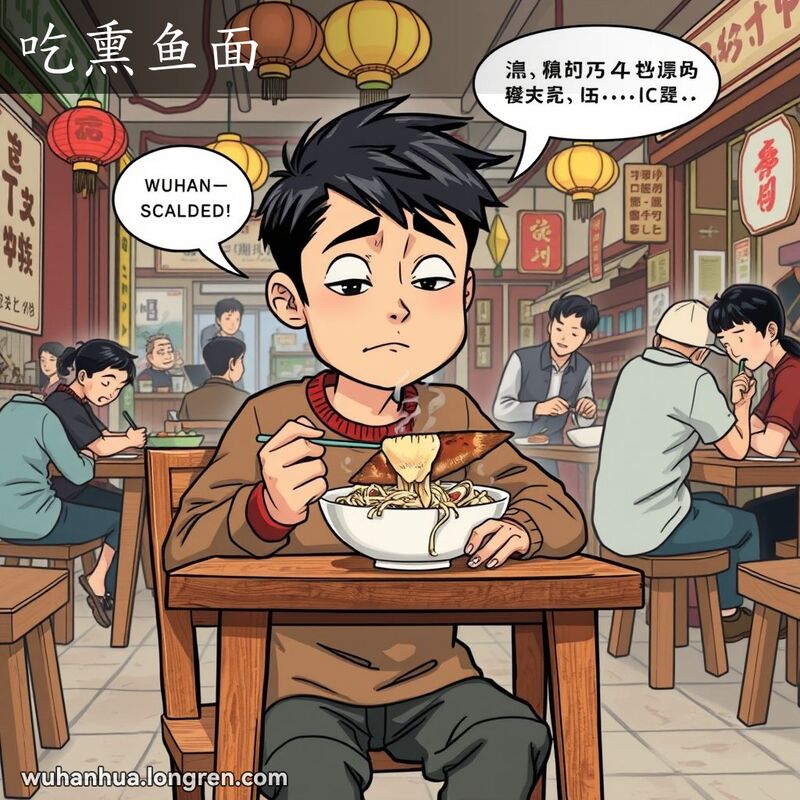 一位年轻男子在武汉面馆吃熏鱼面，脸上露出尴尬无奈的表情，背景是忙碌的面馆场景。