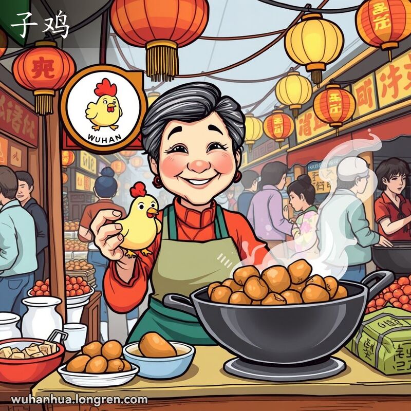 武汉传统市场中，摊主手持小鸡和板栗，背景是热闹的市场景象