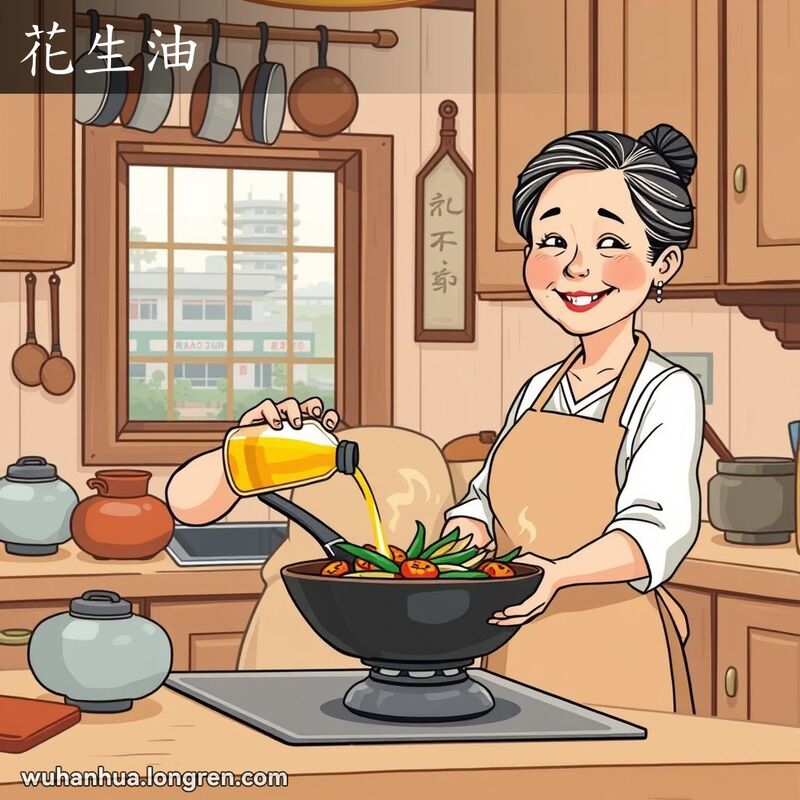 一位中年妇女在传统厨房中，手持花生油瓶，正往锅里倒油，背景是温馨的厨房和繁忙的街景