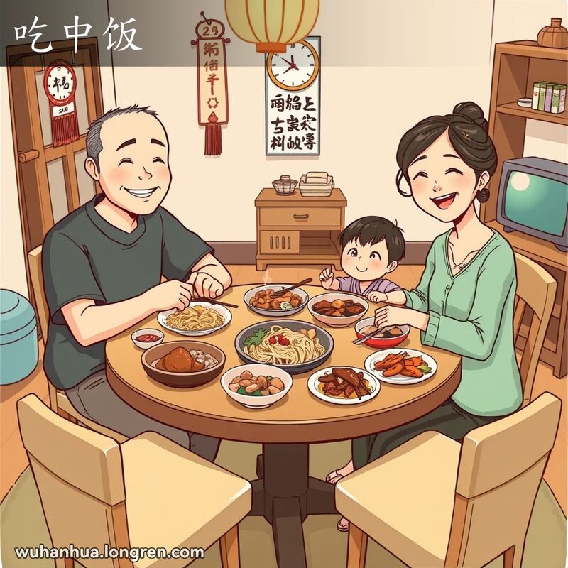 一个三口之家围坐在圆桌旁，享用武汉特色美食，背景是温馨的家庭环境