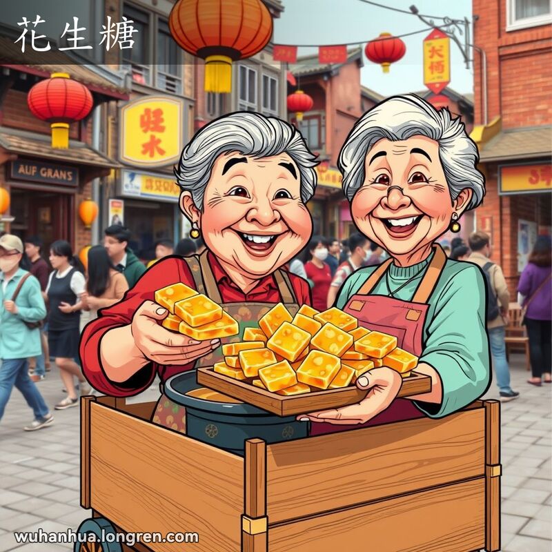 一位武汉街头小贩正在售卖花生糖，背景是繁忙的街道和老式建筑，推车上装饰着灯笼和横幅