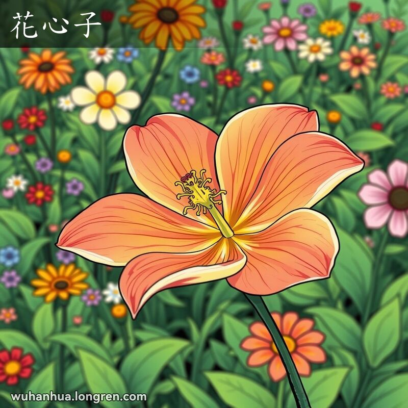 一朵盛开的花，花心部分突出显示，背景是绿意盎然的花园