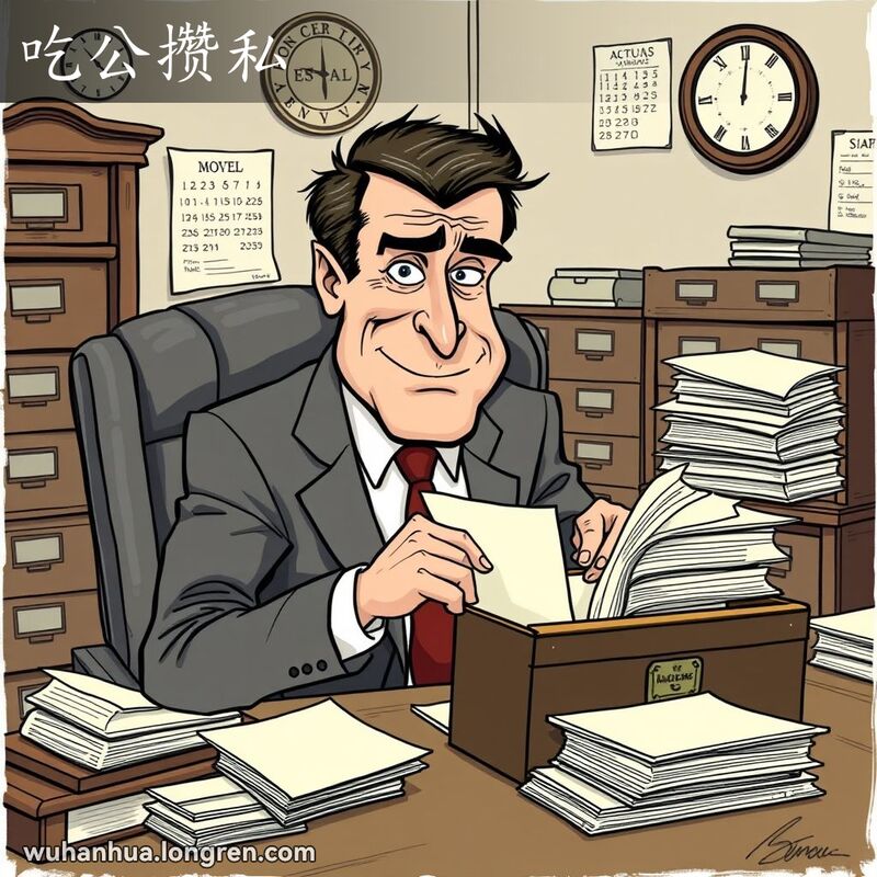 一位西装男子在政府办公室偷偷将文件塞进公文包，脸上带着狡猾的笑容，背景是政府办公室场景