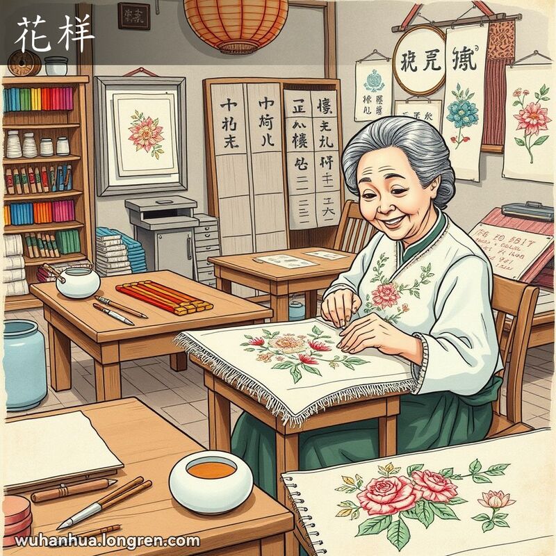 一位武汉刺绣师傅在作坊中使用花样底样绣制花草图案，背景有刺绣工具和完成的刺绣作品