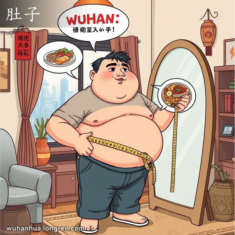 一位武汉男子站在镜子前，量腰围，望着自己的啤酒肚，头上有小吃的思想泡泡，背景是温馨的家庭环境。