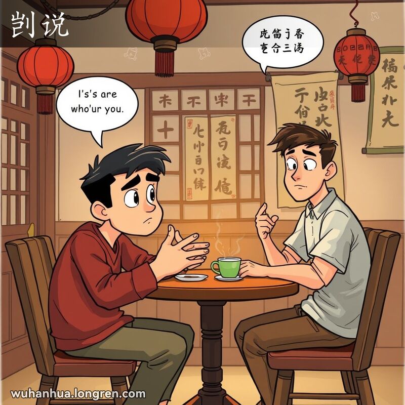 两位朋友在武汉茶馆内，一位朋友正在用“剀说”的姿态解释某事，背景是传统的中国装饰。