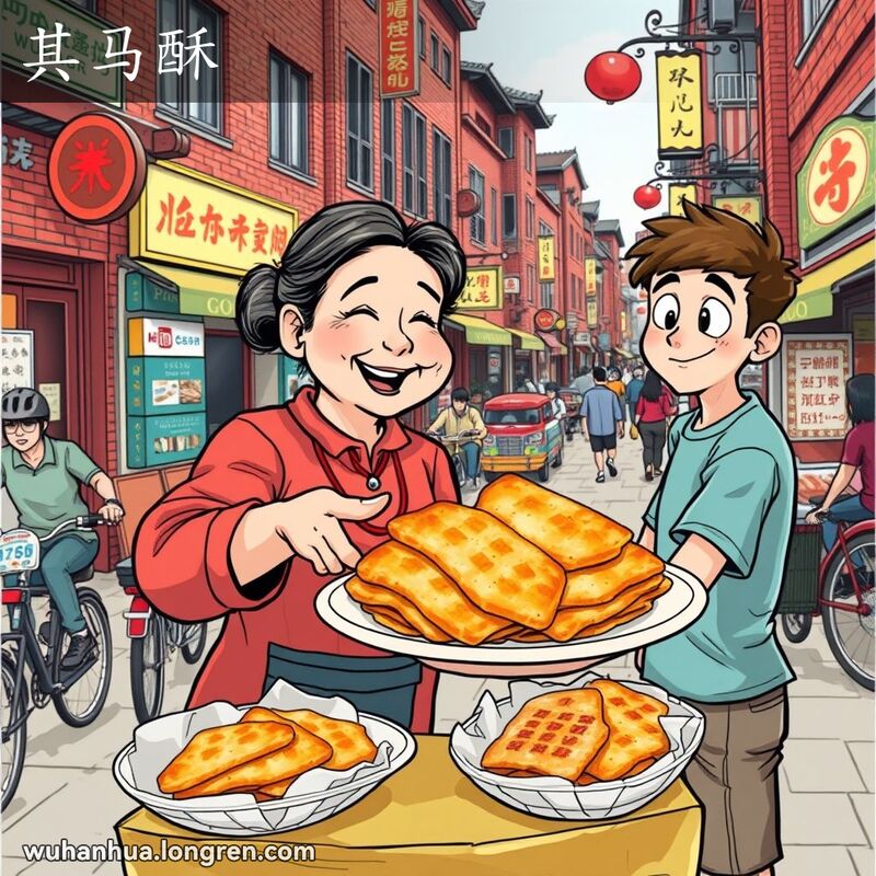 武汉街头摊贩微笑着递给顾客一盘“其马酥”，背景是热闹的街头小吃摊