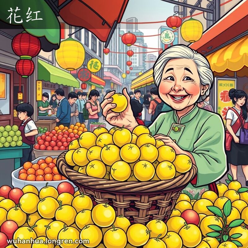 武汉街头市场的水果摊，摊主展示沙果，背景是热闹的市场场景